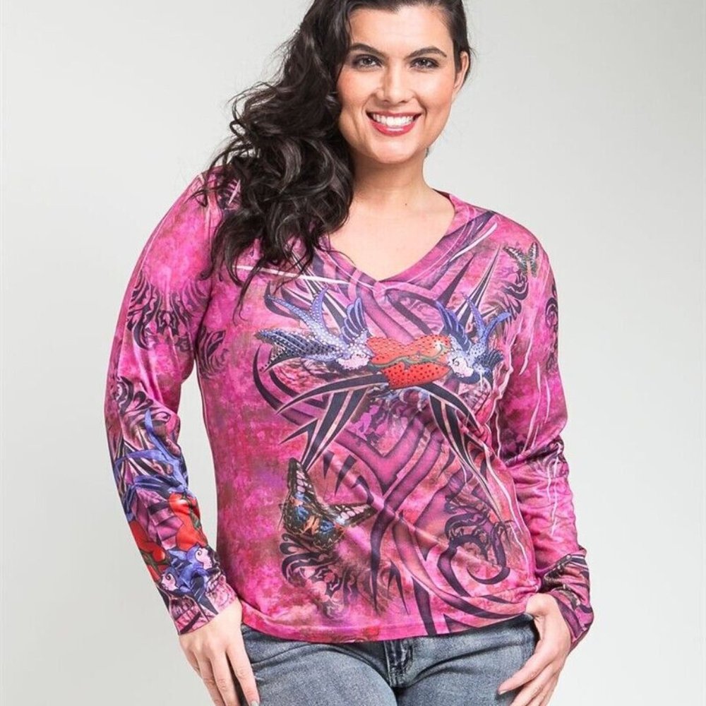 Takoni Ladies Embellished-Knit Top Long-Sleeve V-Neck Pink Size XL  NWT